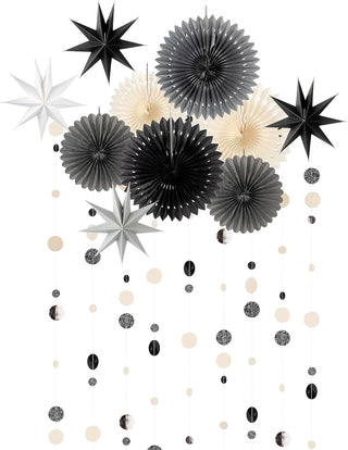 Black Gray Beige Star Paper Fan & Garlands Set (16pcs)  1