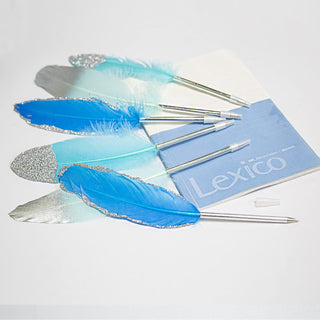 Silver and Blue Feather Pens for Party Reception (6pcs) 2