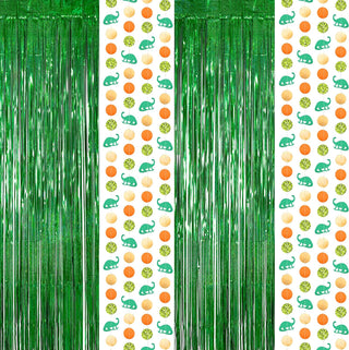Green Glitter Dinosaur Theme Tinsel Foil Fringe Curtains Backdrop 1