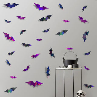 Halloween 3D Iridescent Black & Purple Paper Bats Wall Decal (72Pcs) 3