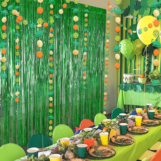 Green Glitter Dinosaur Theme Tinsel Foil Fringe Curtains Backdrop 6