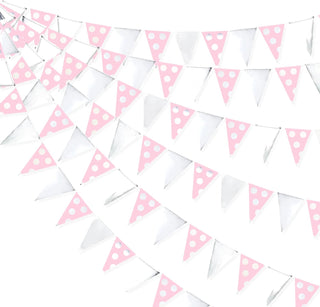 Pennant Bunting Flags in Silver and Pink Polka Dot 30ft 1