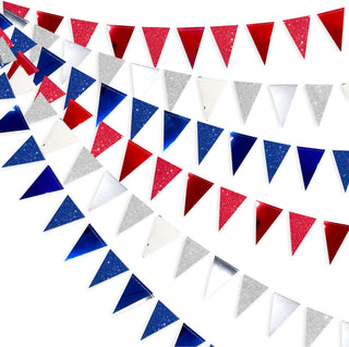 4th July Metallic & Glitter Paper Triangle Flag Banner in Red, Silver & Blue (30Ft) 1