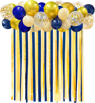 Navy Blue and Gold Balloons and Ribbon Fringe Backdrop (43 Pcs) Main