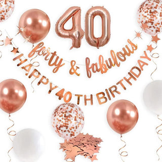 Rose Gold Forty & Fabulous Happy 40th Birthday Banner Garland Foil Balloon 140th Birthday Balloons and Forty & Fabulous Garlands Kit in Rose Gold with 40 Numbers Balloons main