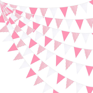 Girl's Birthday Fabric Flag Banner in Hot Pink, Gingham & White (32Ft) 1