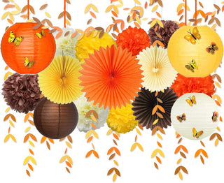 Fall Paper Lanterns and  Hanging Paper Fans in Yellow Orange Brown  1