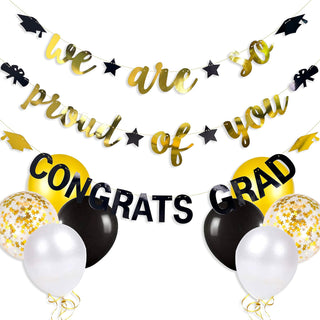 Graduation Party Balloons and Banners Set in Gold and Black (11 pcs) 1