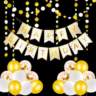 Birthday Bunting Banner and Balloons Set in Gold and White (22 pcs)  1