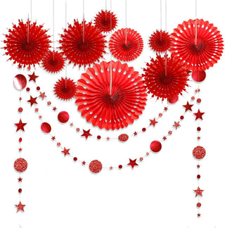 Red Theme Paper Fan with Star & Circle Dot Garland Set (12pcs)  1