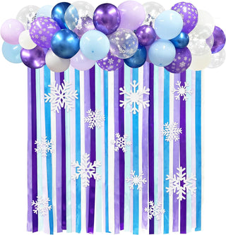 Frozen Party Balloons, Ribbon Streamers, and Garlands Backdrop Kit in Purple, Blue, White  1