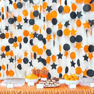 Orange, Black & White Party Backdrop with Stars & Circle Dots (173Ft) 1