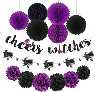 ‘Cheers Witches’ Halloween Banner with Purple Black Paper Fan & Pom 1