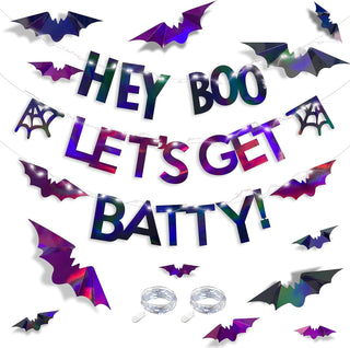 'Hey Boo' Halloween Banner and Bat Stickers Iridescent with Lights 1