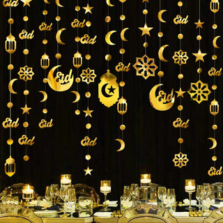 Ramadan Eid Mubarak Garland with Moons, Dots and Lanterns in Gold 1