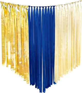 Graduation Satin Ribbon Streamer Backdrop Blue, Gold & Beige (197Ft) 1