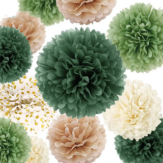 Green, Beige and Gold Tissue Paper Pom Poms Flower and Garlands (15pcs)  1