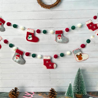 Wool Christmas Banner With Stockings, Boots and Pompom (8ft) 1