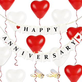 Happy Anniversary Wooden Bunting Banner with Red Heart Balloons (32pcs)  1