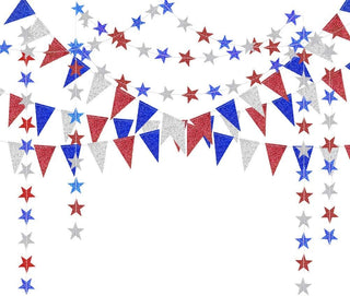 Bunting Flags and Star Garlands in Red, Blue and Silver 26ft 1