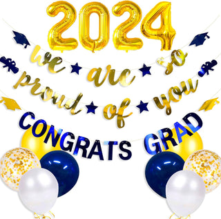 Graduation Party 2024 Foil Balloons and Banners Set in Navy Blue and Gold (12 pcs)  1