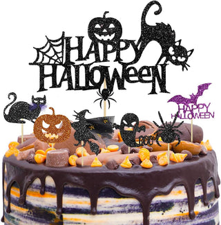 Happy Halloween Cake Toppers with Black Cat, Pumpkin, Ghost & Witch (37pcs) 1