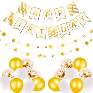 White and Gold Happy Birthday Banners and Balloons (22Pcs)  1