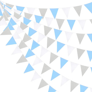 Blue Happy Birthday Banner of Fabric Flag in Blue, Grey & White (32Ft) 1