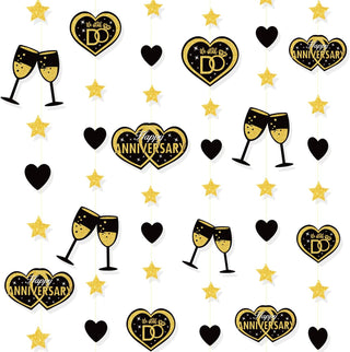 'Happy Anniversary' Black Gold Garland with Heart & Glasses (52Ft) 1