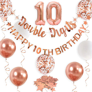 Happy 10th Birthday Foil Balloons and Banners Set in Rose Gold  1