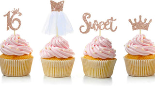 32Pcs Rose Gold Sweet Sixteen Birthday Cake Decorations 16th Glitter Cake Topper  1