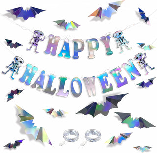 'Happy Halloween' Iridescent Banner with 3D Bat & Skull Stickers 1