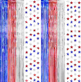 Fringe Curtains and Star Garlands in Red, Blue and Silver 52ft 1