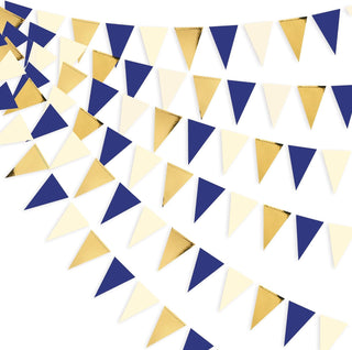 Wedding Banner of Triangle Pennant Flag in Navy Blue, Gold & Beige (30Ft) 1