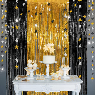 Foil Fringe Curtain Backdrops and Star Garlands Set in Gold and Black (8pcs) 1