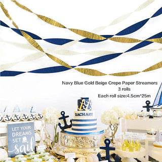 Crepe Paper Streamer Garlands in Navy Blue, Gold and White (3 rolls) 1