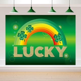 5x7ft Green St. Patrick’s Day Fabric Rainbow and Clover Lucky Irish Backdrop Banner  1