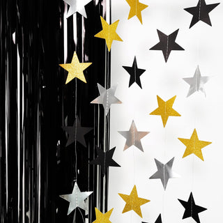 Foil Fringe Curtain Backdrops and Star Garlands Set in Gold and Black (8pcs) 4