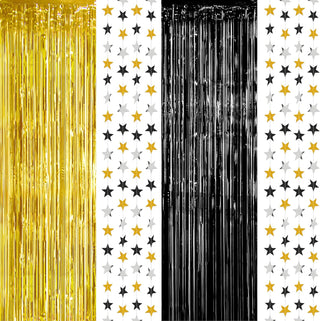 Foil Fringe Curtain Backdrops and Star Garlands Set in Gold and Black (8pcs) 5