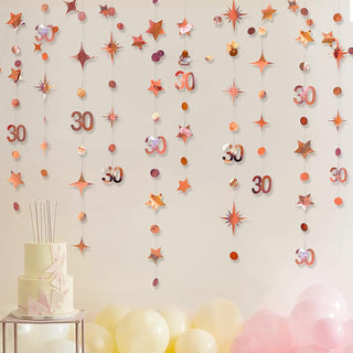 30th Birthday Garland with Number 30, Dots and Stars in Rose Gold  2