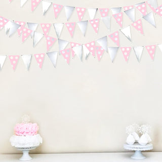 Pennant Bunting Flags in Silver and Pink Polka Dot 30ft 2