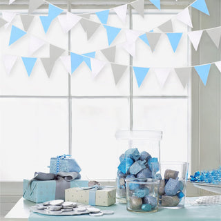 Blue Happy Birthday Banner of Fabric Flag in Blue, Grey & White (32Ft) 2