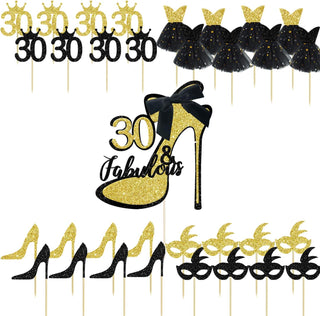 30th Birthday Cake Toppers Set in Gold and Black (33pcs) 2