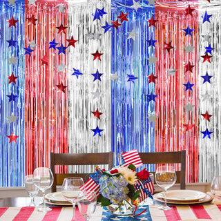 Fringe Curtains and Star Garlands in Red, Blue and Silver 52ft 2