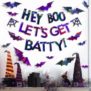 'Hey Boo' Halloween Banner and Bat Stickers Iridescent with Lights  2