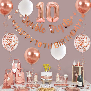 Happy 10th Birthday Foil Balloons and Banners Set in Rose Gold 2