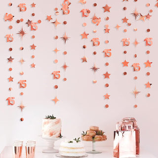 15th Birthday Rose Gold Garland with Circle Dot & Twinkle Stars (46Ft) 2