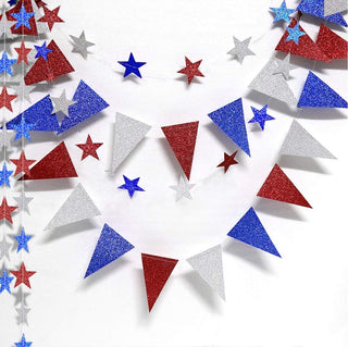 Bunting Flags and Star Garlands in Red, Blue and Silver 26ft 2