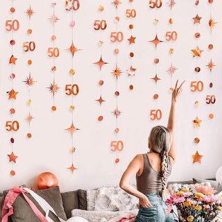 50th Birthday Garland in Rose Gold with Number 50, Dots and Stars2