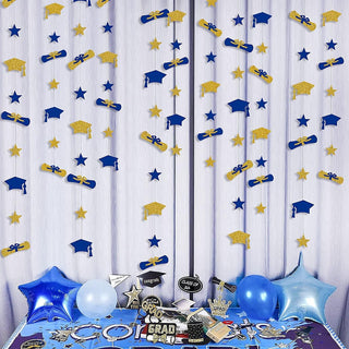 2024 Graduation Hat, Diploma & Star Garland in Navy Blue & Gold (52Ft) 2